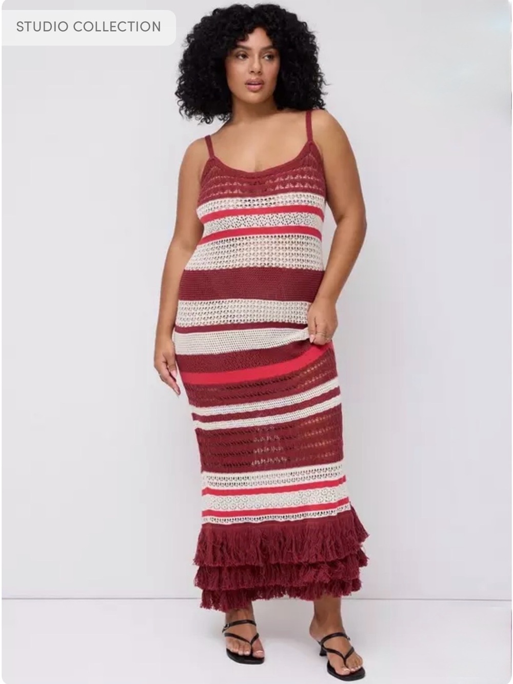Torrid Studio Collection Red & White Striped Crochet Maxi Dress w/ Fringe Hem - Picture 2 of 4